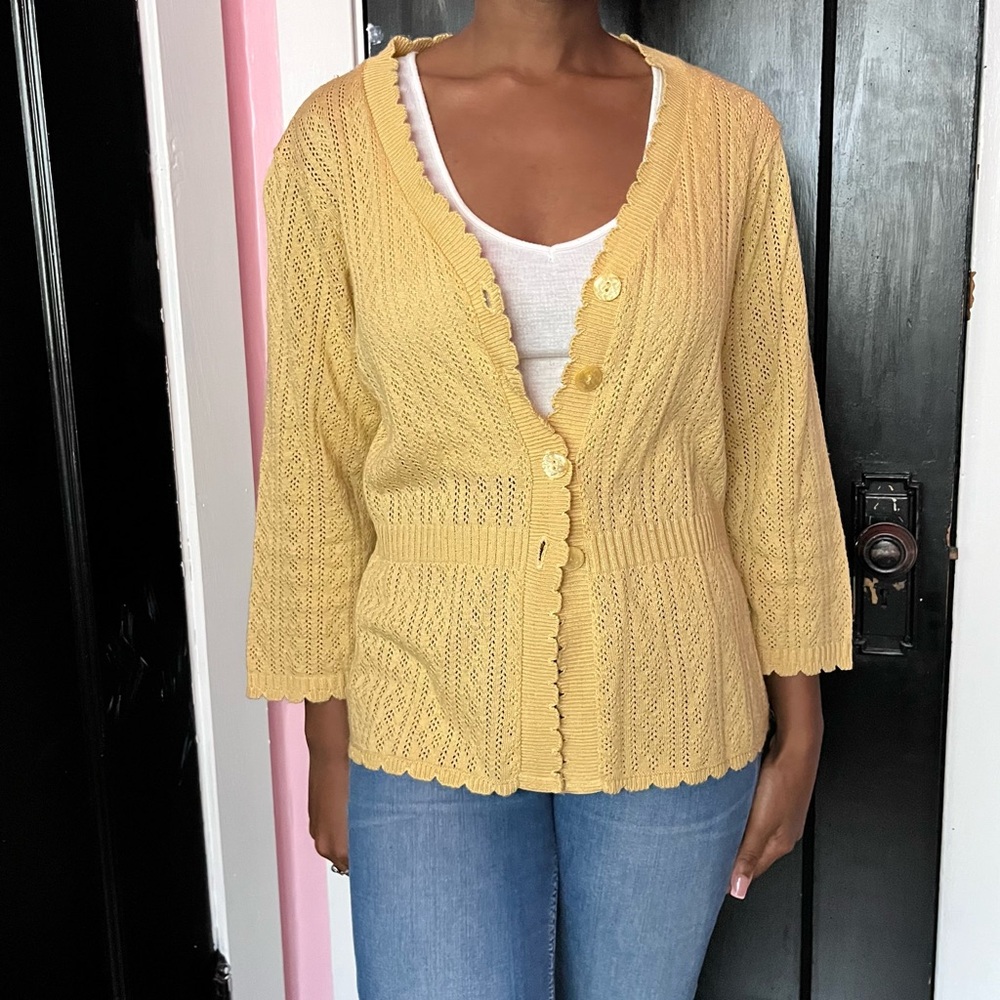 Mustard yellow crochet knit button up cardigan